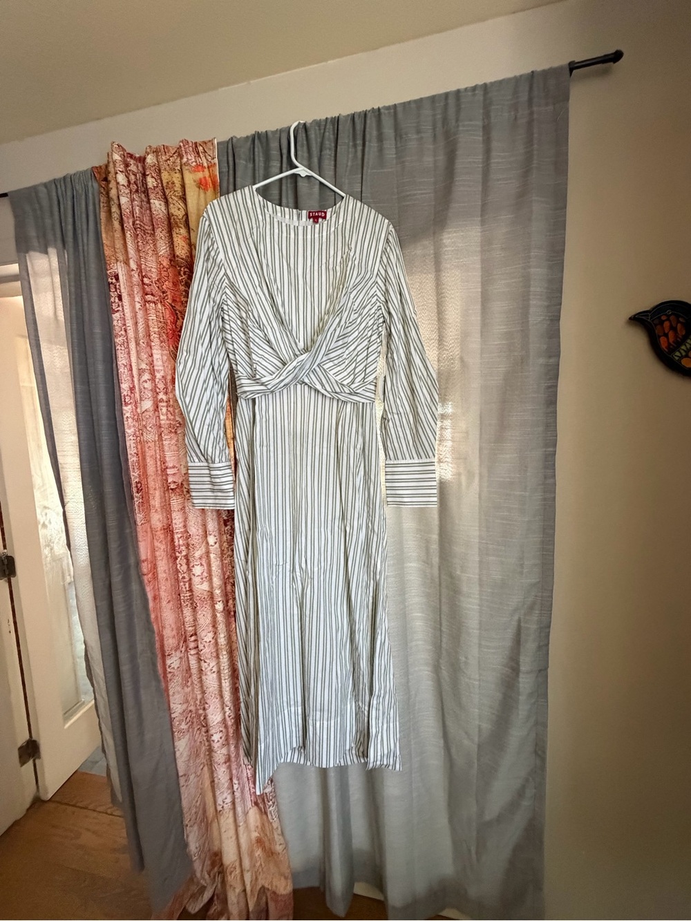 NWT Extra large STAUD White & Green Striped Long Sleeve Midi Dress